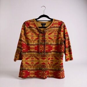 CHAPS DENIM Women's 2X Geometric Print Lace Up Neck 3/4 Sleeve Top